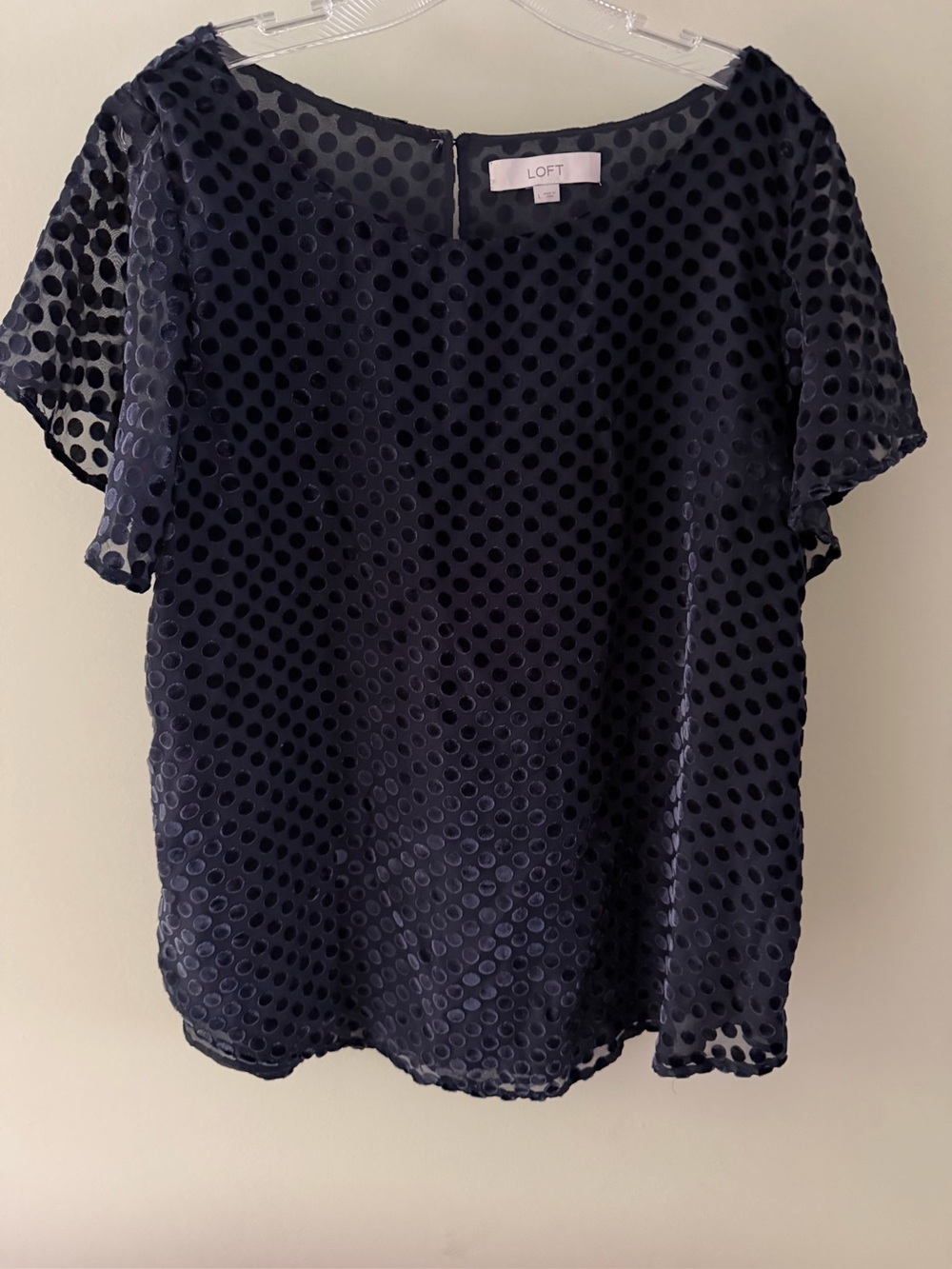 LOFT Navy Flocked Polka Dot Short Sleeve Blouse Large